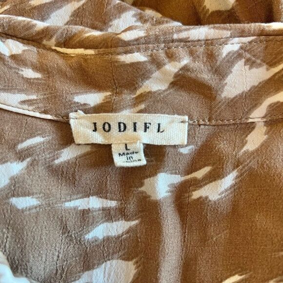 Jodifl Boutique Tan White Animal Style Print Short Sleeve Button Up Blouse Sz L - Picture 10 of 11